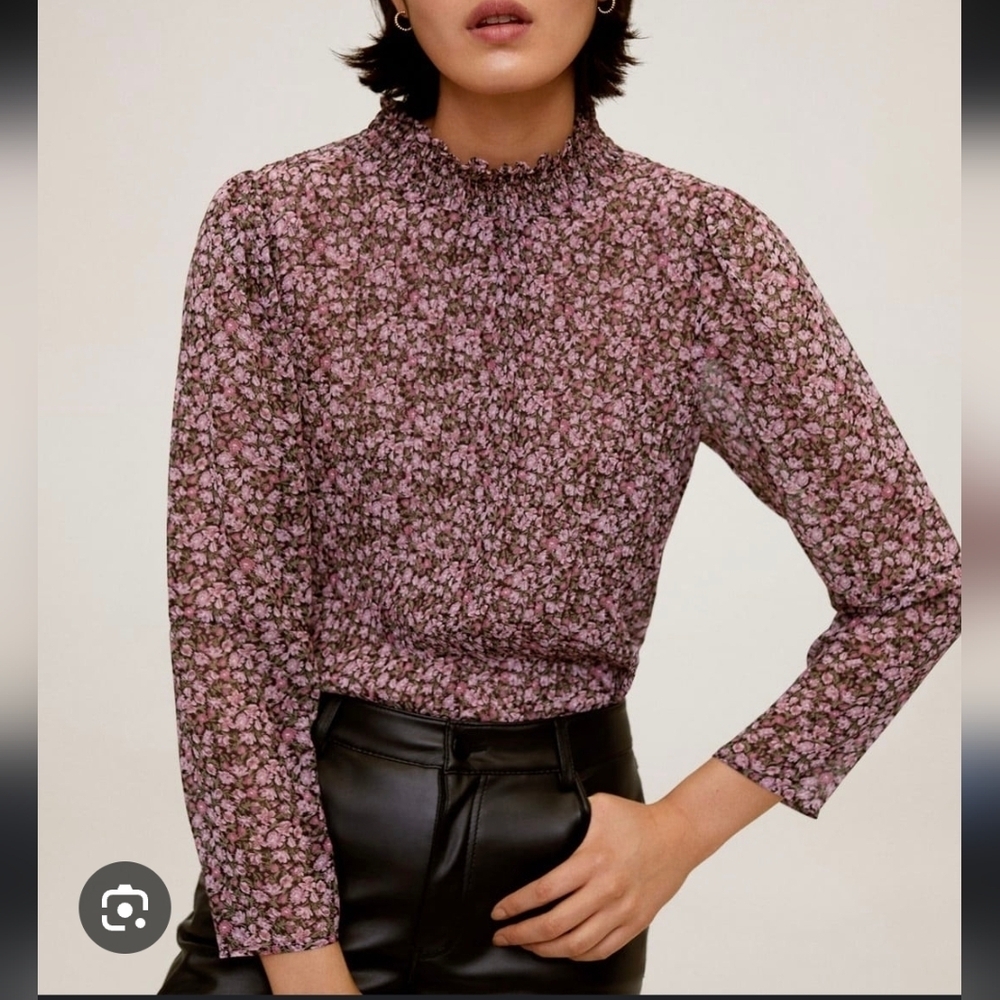 Mango Floral Mock Neck Pleated Accordion Top Blouse